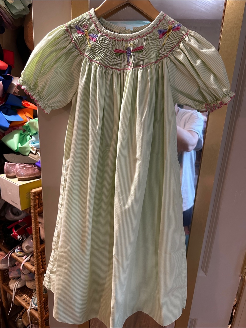 Le’ Za Me Girls' Light Green striped Smocked Bishop Dress with Embroidery